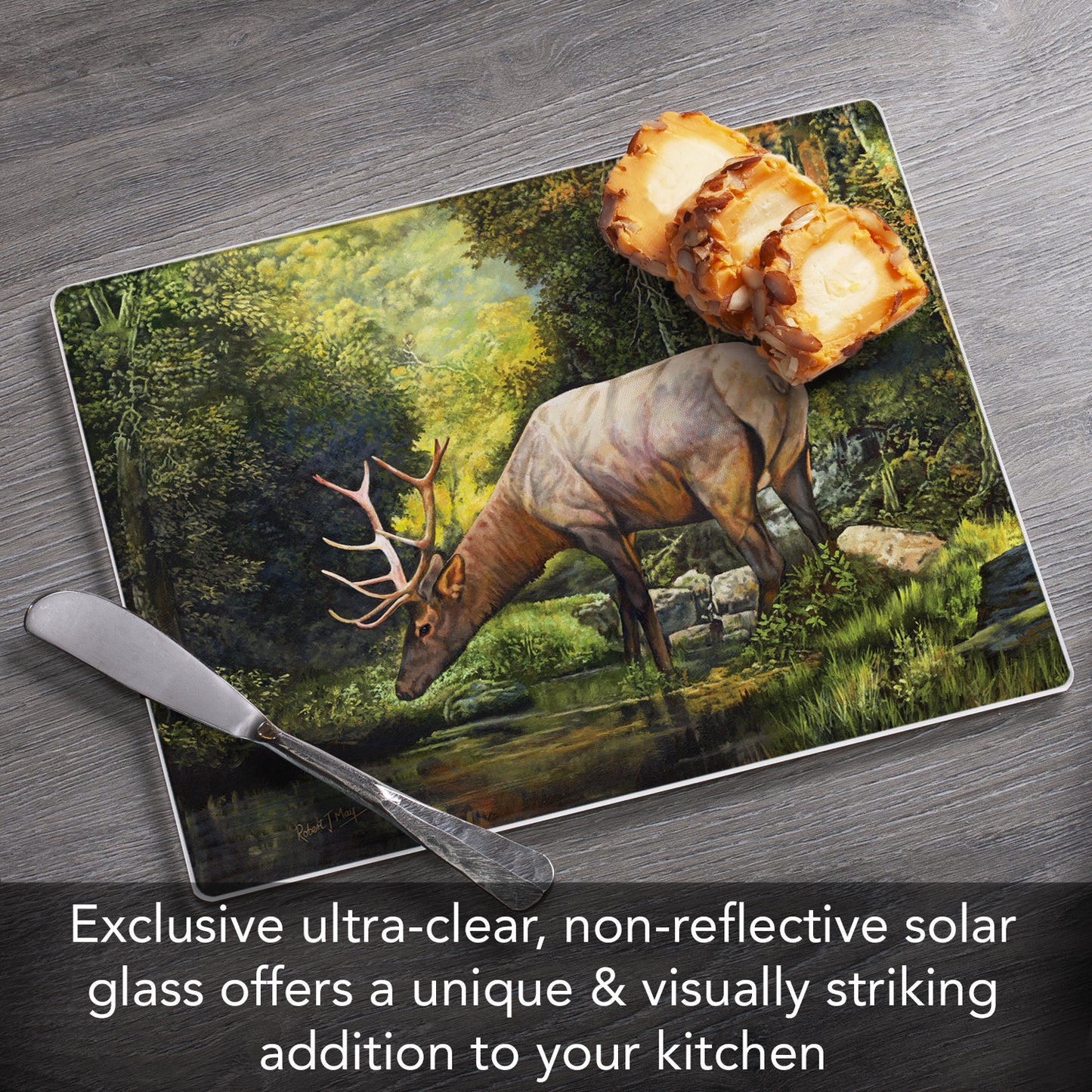CounterArt Tranquil Elk 3mm Tempered Glass Cutting Board 10” x 8” Manufactured in the USA