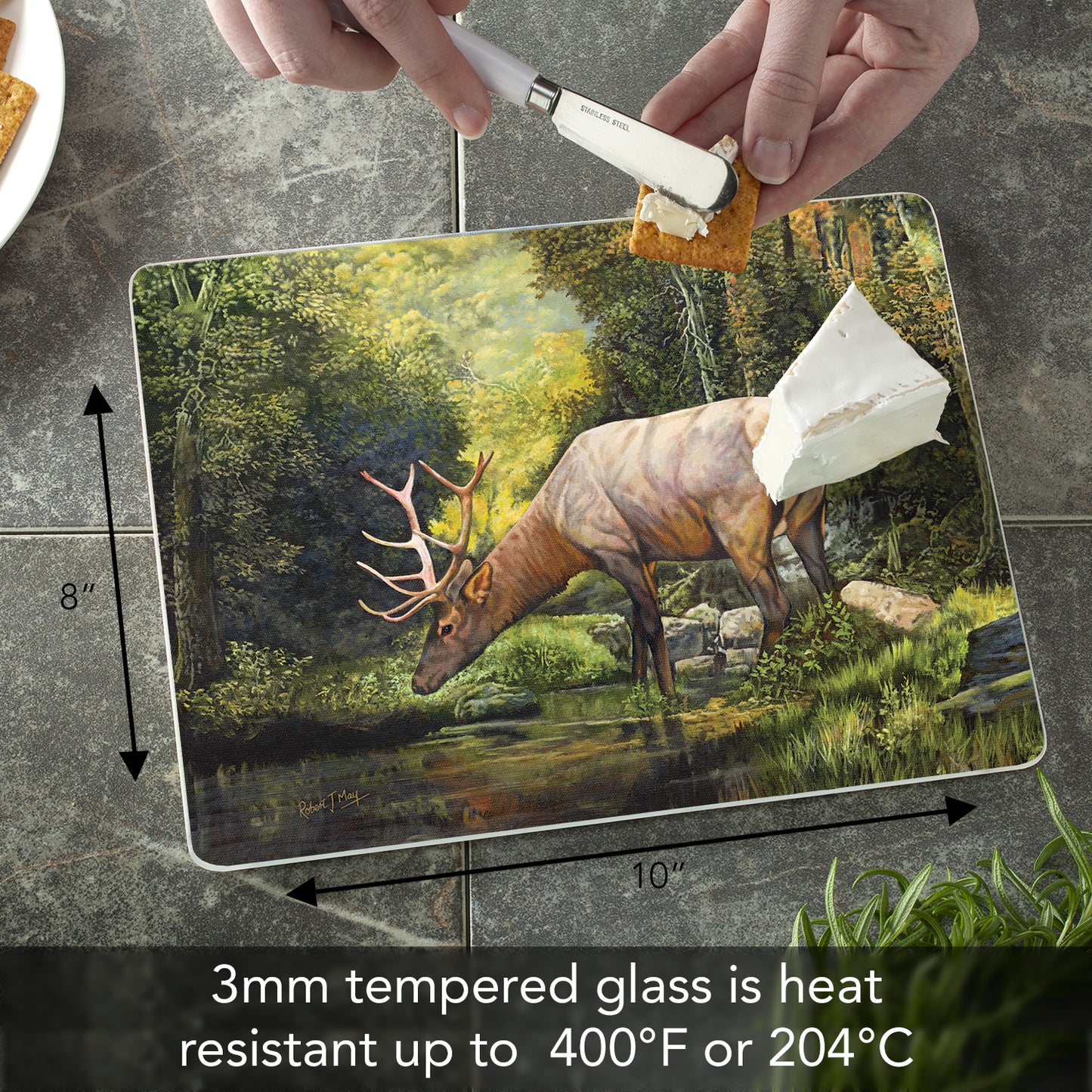 CounterArt Tranquil Elk 3mm Tempered Glass Cutting Board 10” x 8” Manufactured in the USA