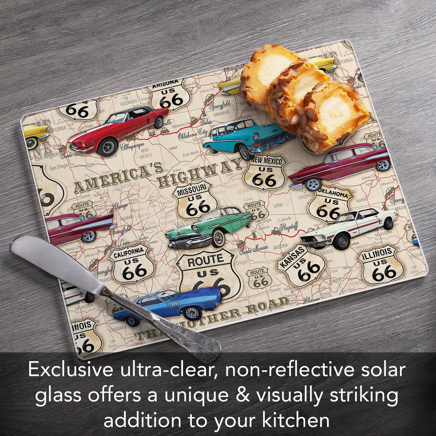 CounterArt Route 66 Map 3mm Tempered Glass Cutting Board 10” x 8” Manufactured in the USA