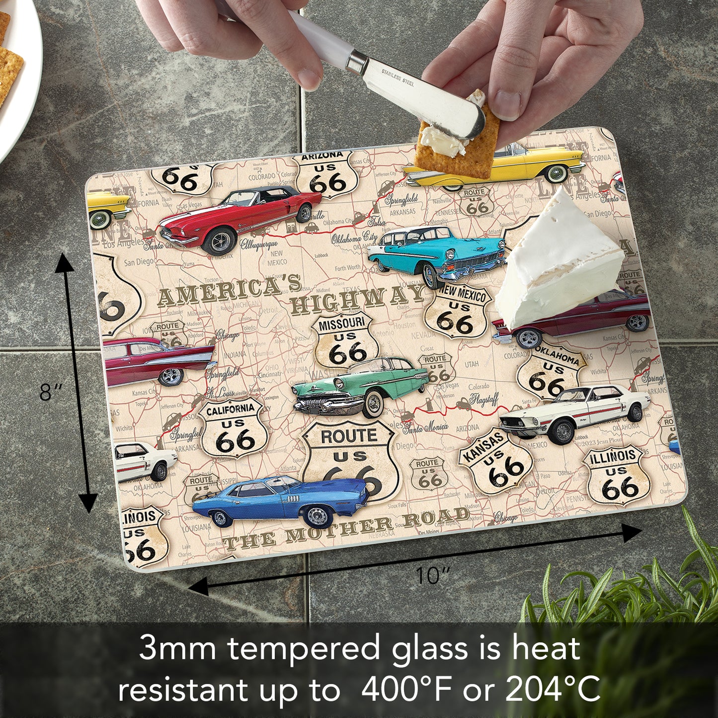 CounterArt Route 66 Map 3mm Tempered Glass Cutting Board 10” x 8” Manufactured in the USA