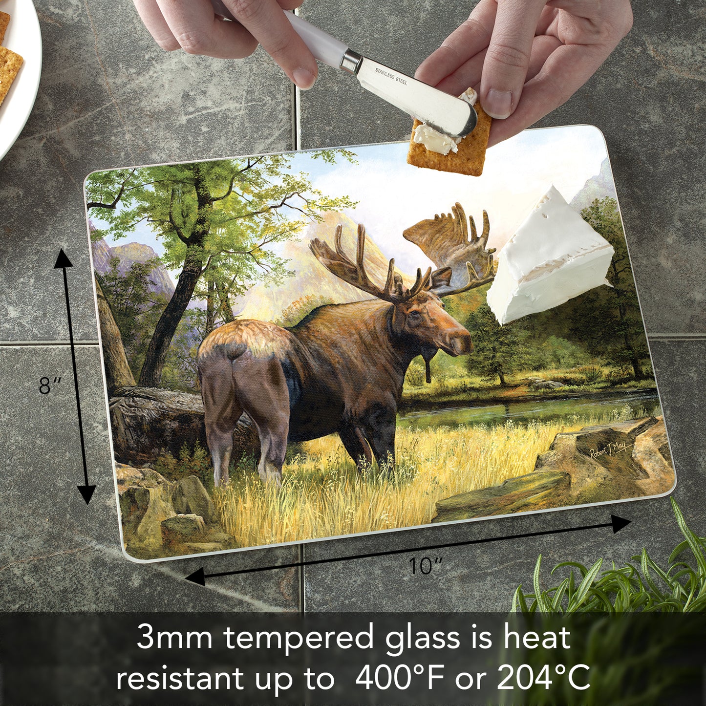 CounterArt Tranquil Moose 3mm Tempered Glass Cutting Board 10” x 8” Manufactured in the USA