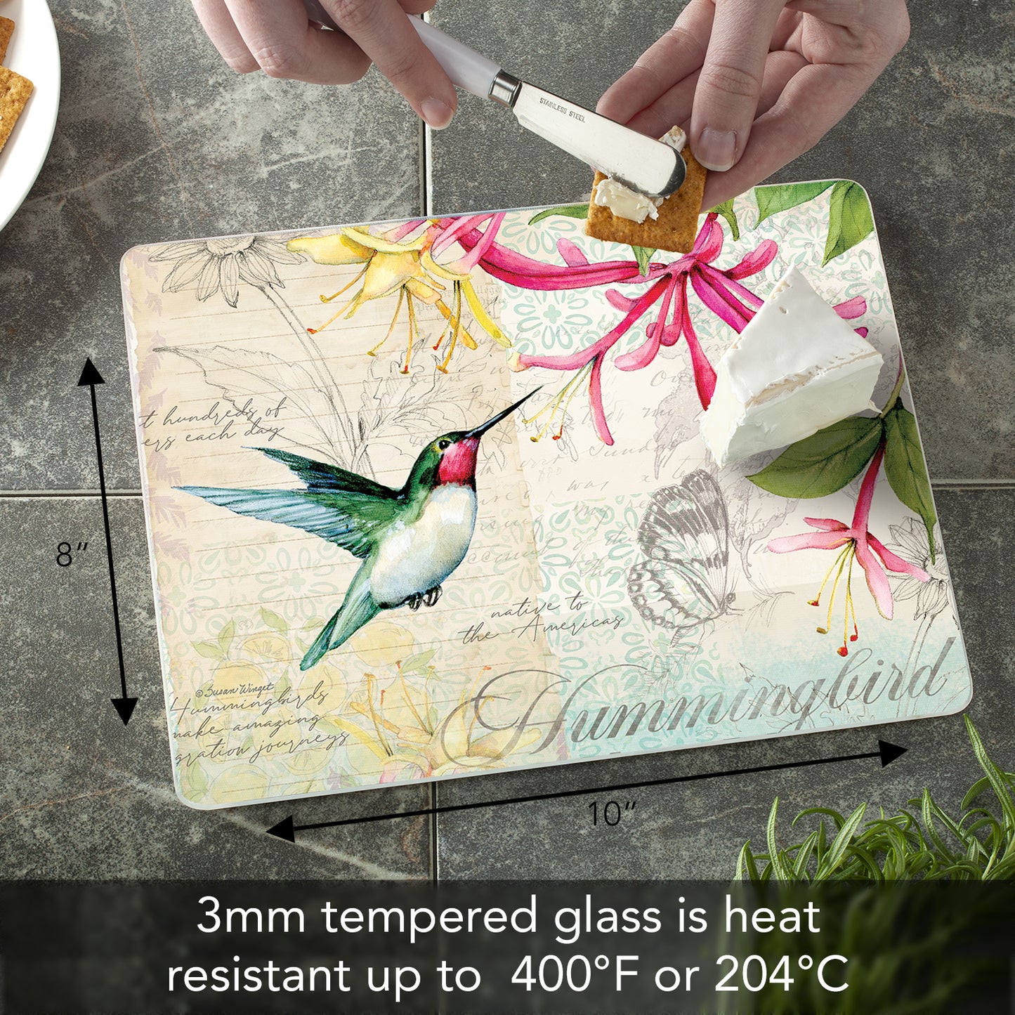 CounterArt Hummingbird 3mm Tempered Glass Cutting Board 10” x 8” Manufactured in the USA