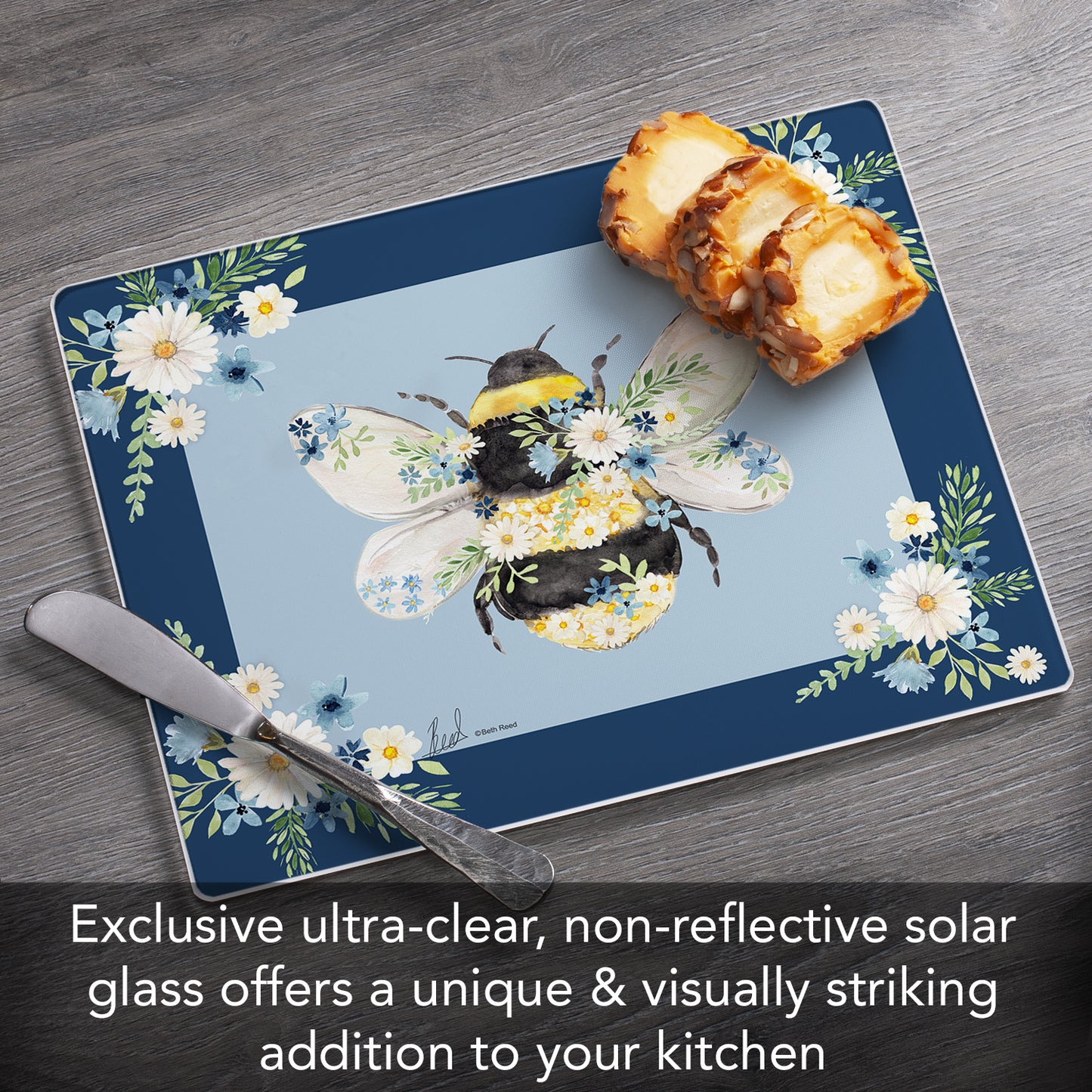 CounterArt Beautiful Bee 3mm Tempered Glass Cutting Board 10” x 8” Manufactured in the USA