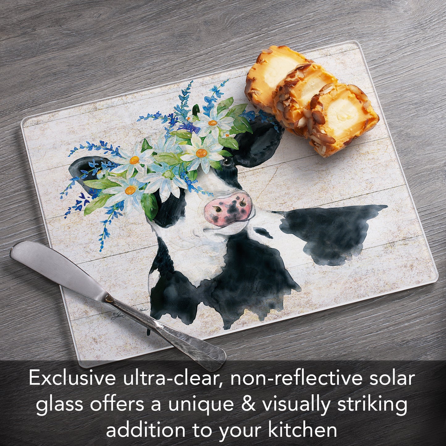 CounterArt Spring Cow 3mm Tempered Glass Cutting Board 10” x 8” Manufactured in the USA