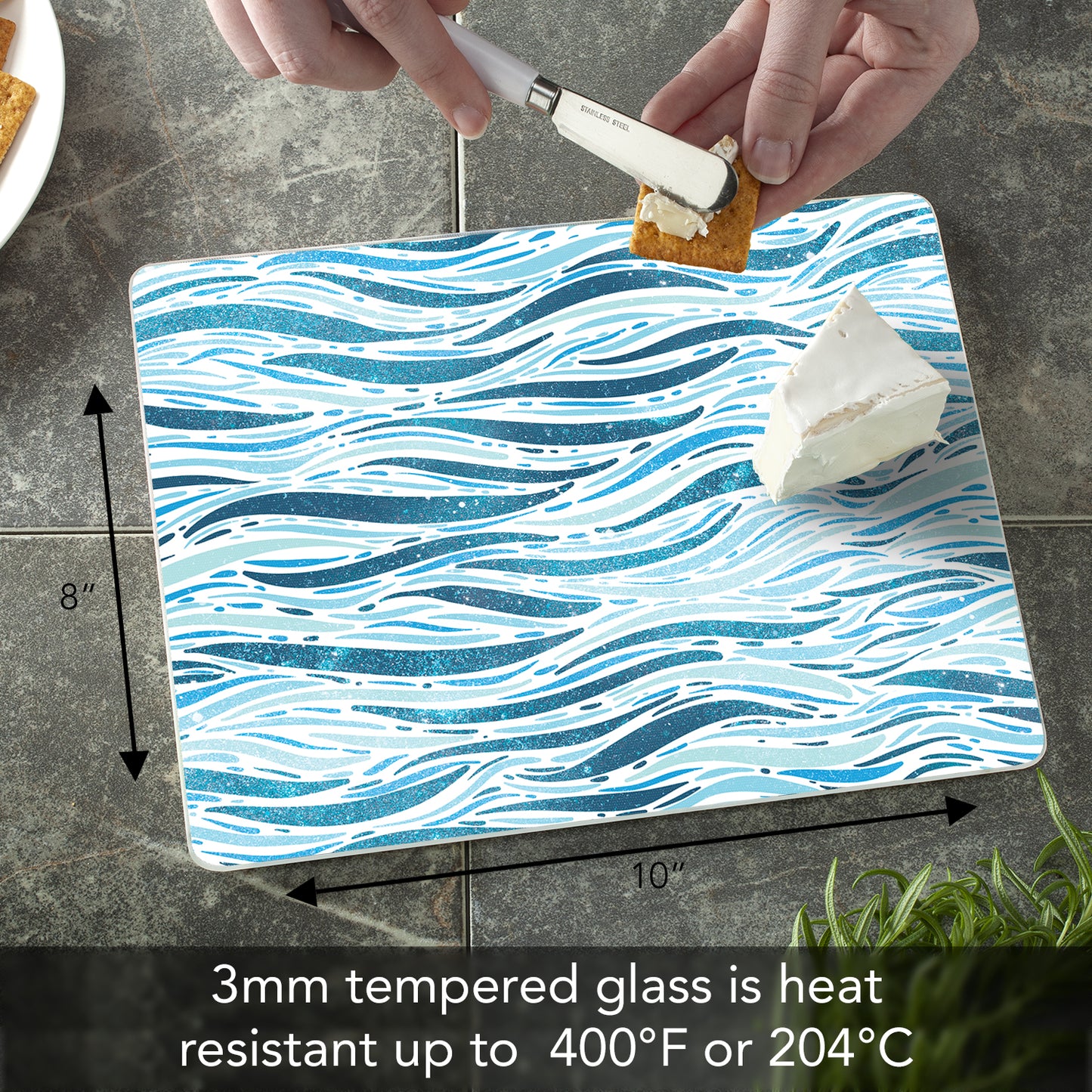 CounterArt Wavy Waves 3mm Tempered Glass Cutting Board 10” x 8” Manufactured in the USA