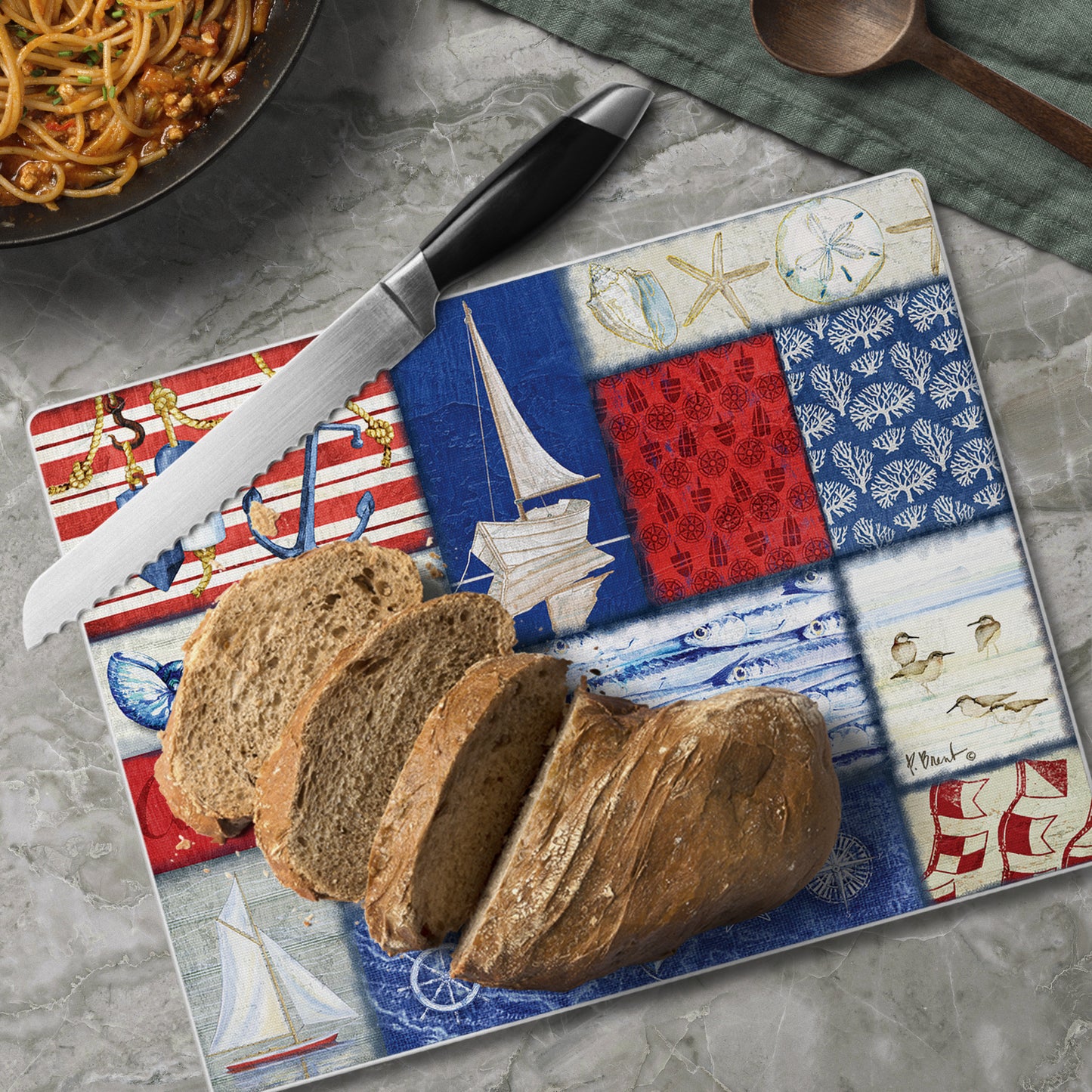 CounterArt Nautical Fragments 3mm Tempered Glass Cutting Board 10” x 8” Manufactured in the USA