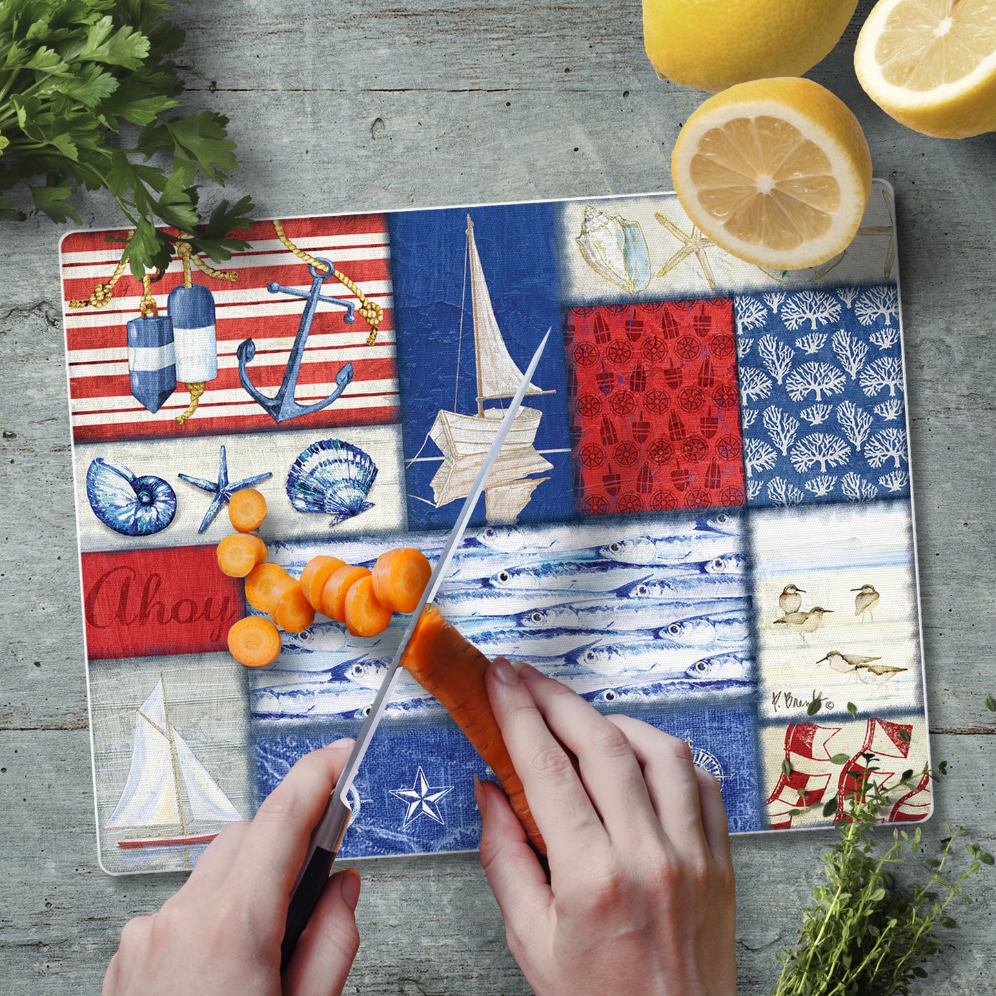 CounterArt Nautical Fragments 3mm Tempered Glass Cutting Board 10” x 8” Manufactured in the USA