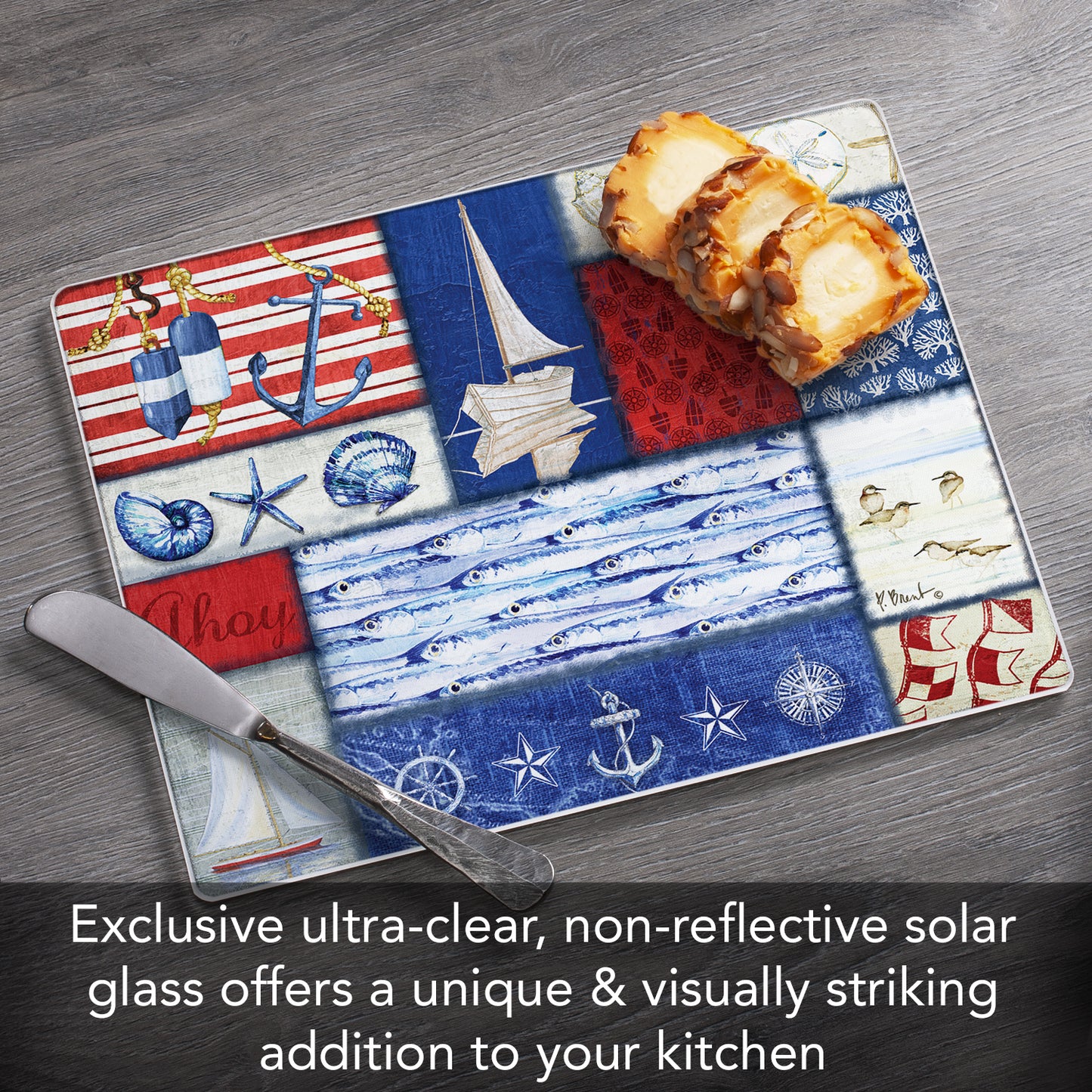 CounterArt Nautical Fragments 3mm Tempered Glass Cutting Board 10” x 8” Manufactured in the USA