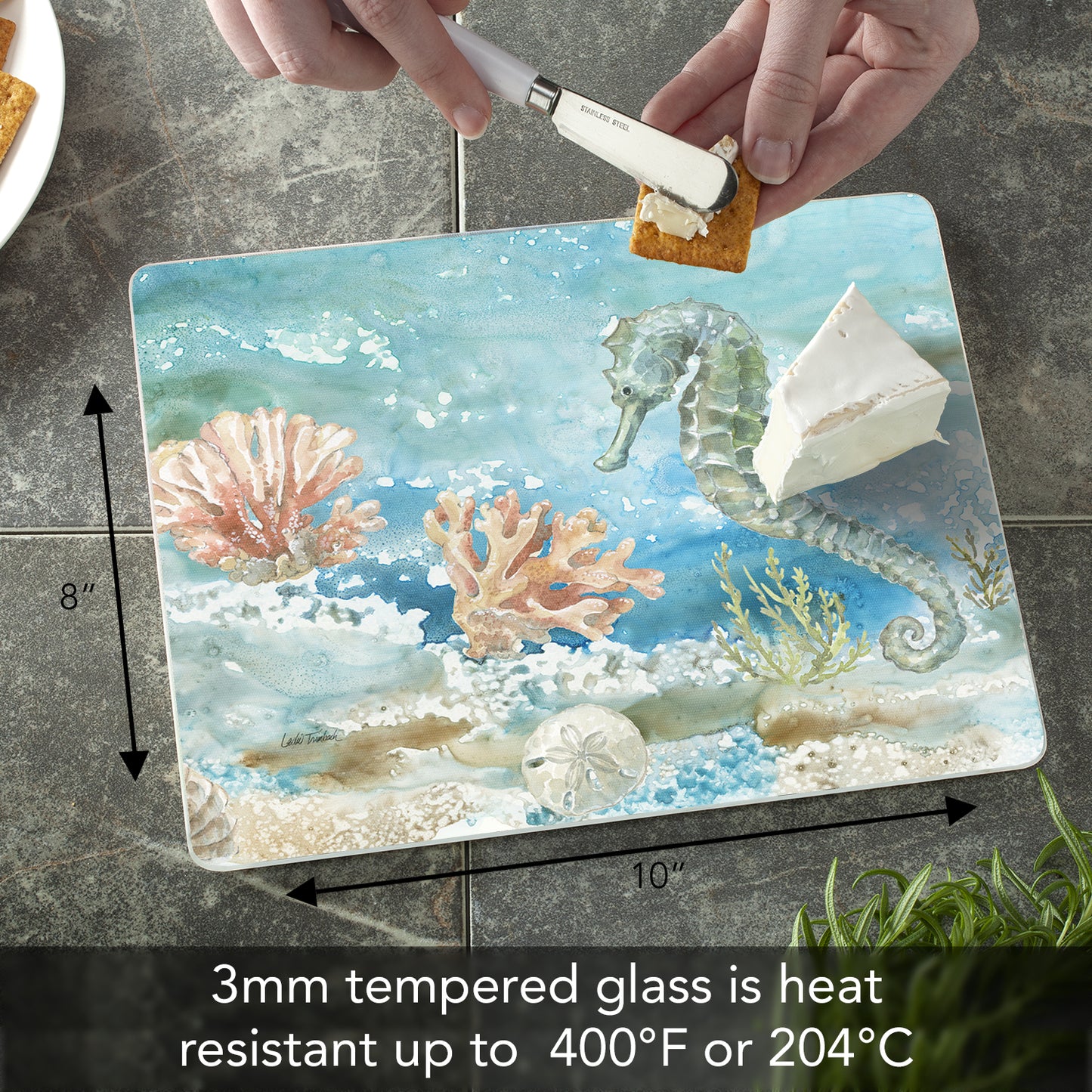 CounterArt Seahorse 3mm Tempered Glass Cutting Board 10” x 8” Manufactured in the USA