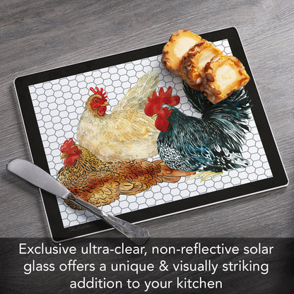 CounterArt Whimsical Roosters 3mm Tempered Glass Cutting Board 10” x 8” Manufactured in the USA
