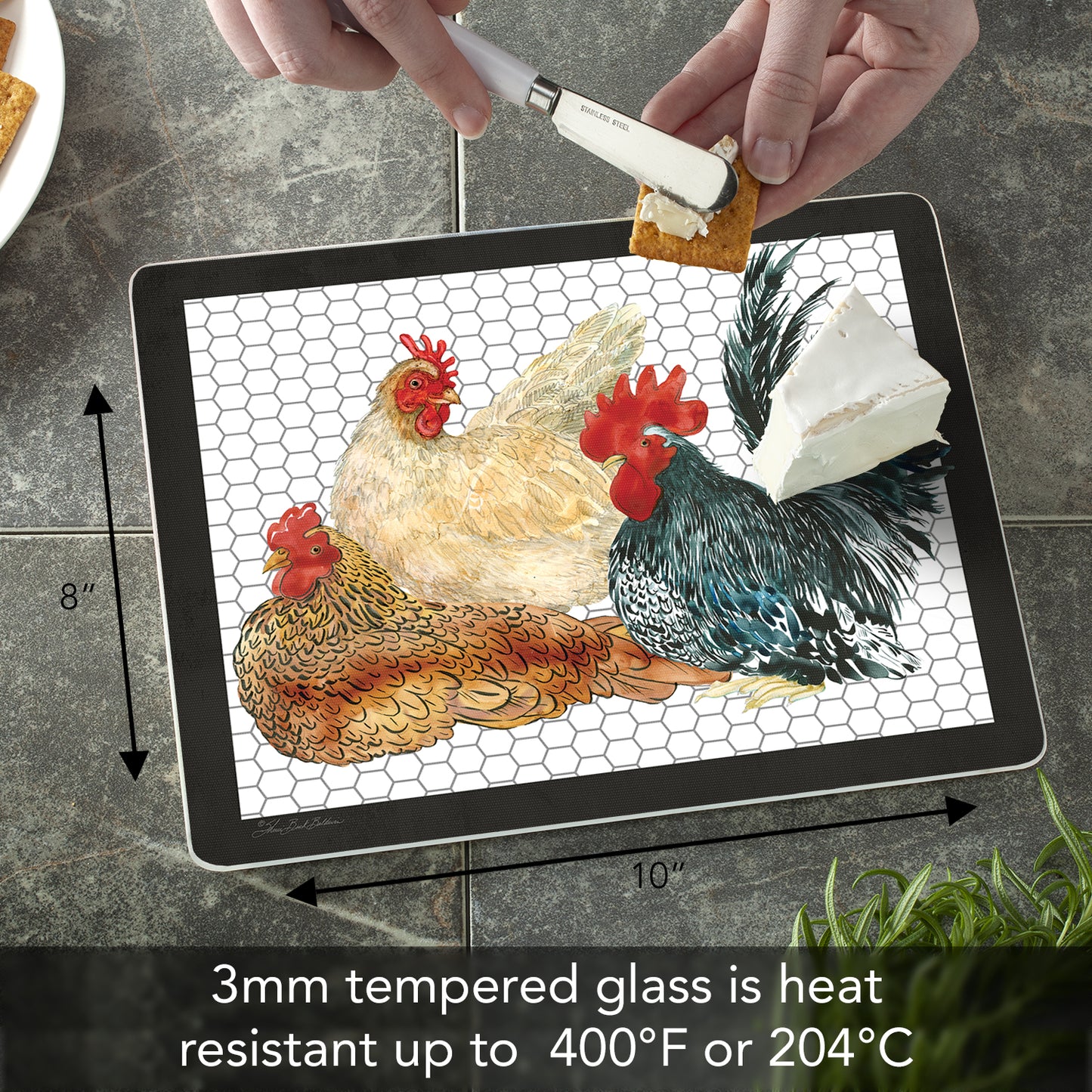CounterArt Whimsical Roosters 3mm Tempered Glass Cutting Board 10” x 8” Manufactured in the USA