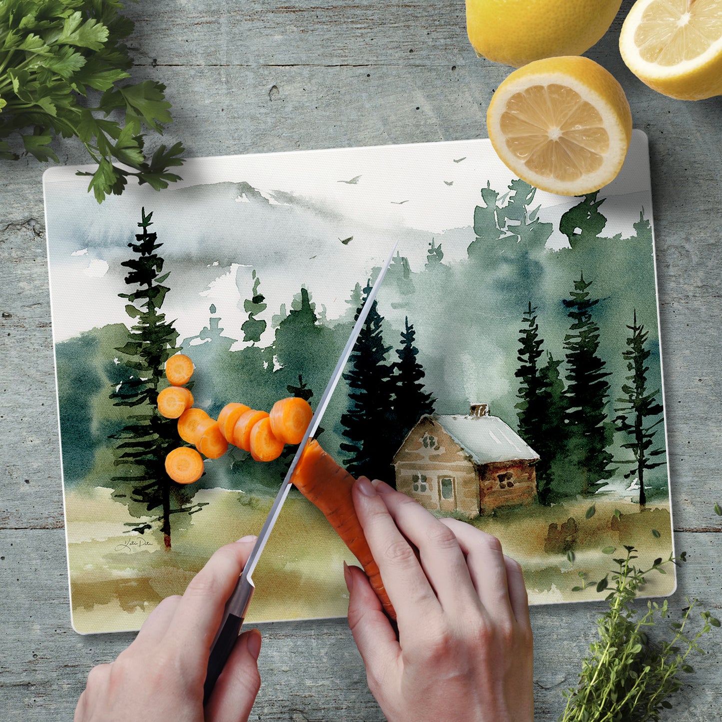 CounterArt Cabin in the Woods 3mm Tempered Glass Cutting Board 10” x 8” Manufactured in the USA