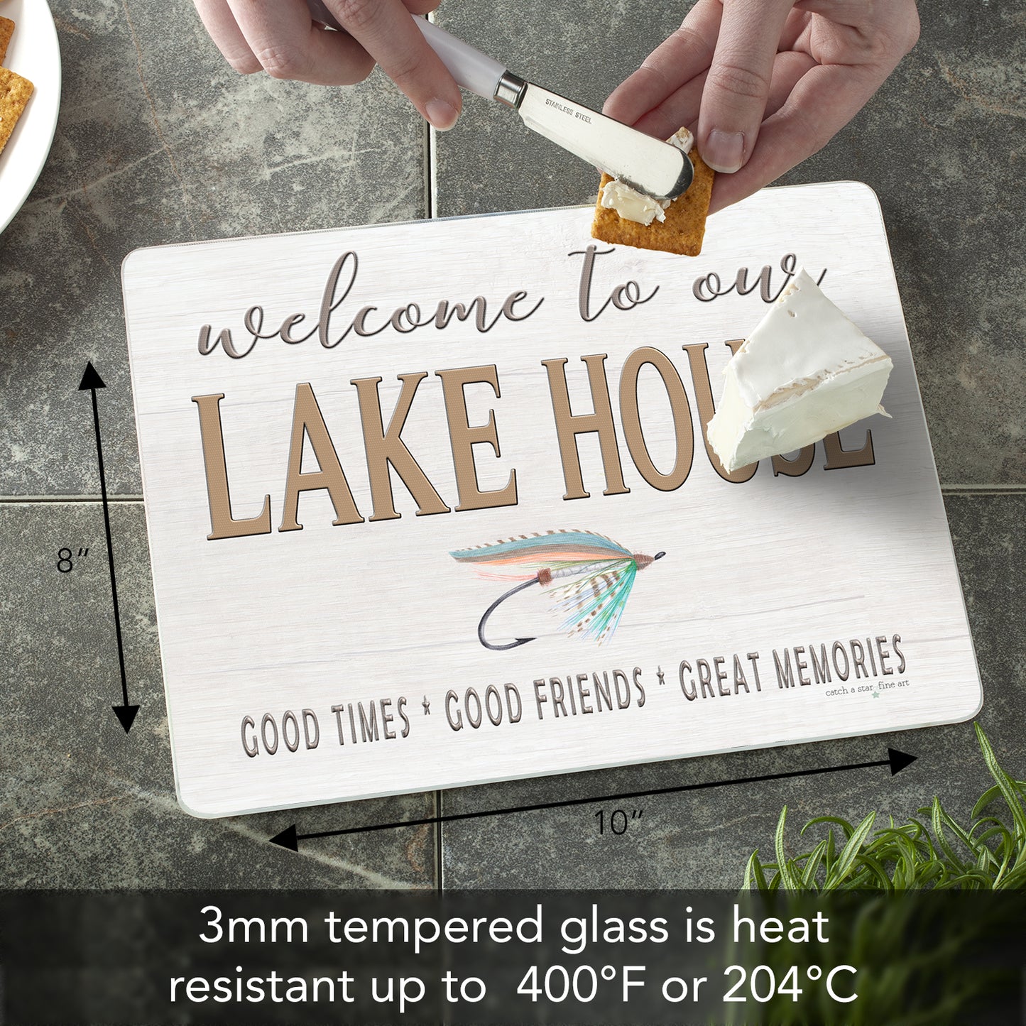 Lake House Lure 3mm Tempered Glass Cutting Board 10” x 8”