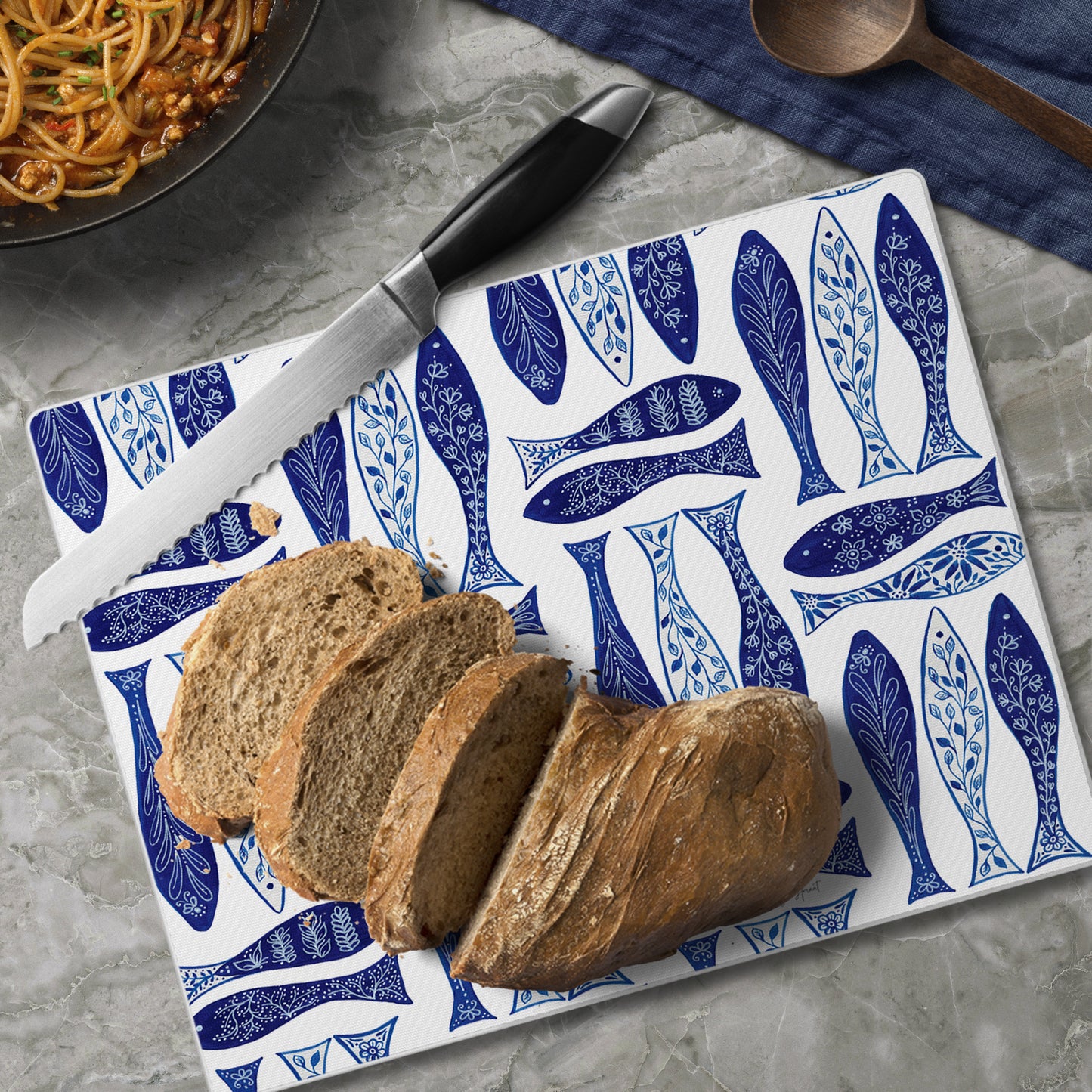 CounterArt Blue Fish 3mm Tempered Glass Cutting Board 10” x 8” Manufactured in the USA