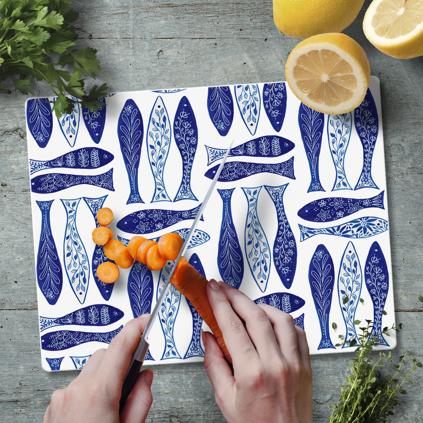 CounterArt Blue Fish 3mm Tempered Glass Cutting Board 10” x 8” Manufactured in the USA
