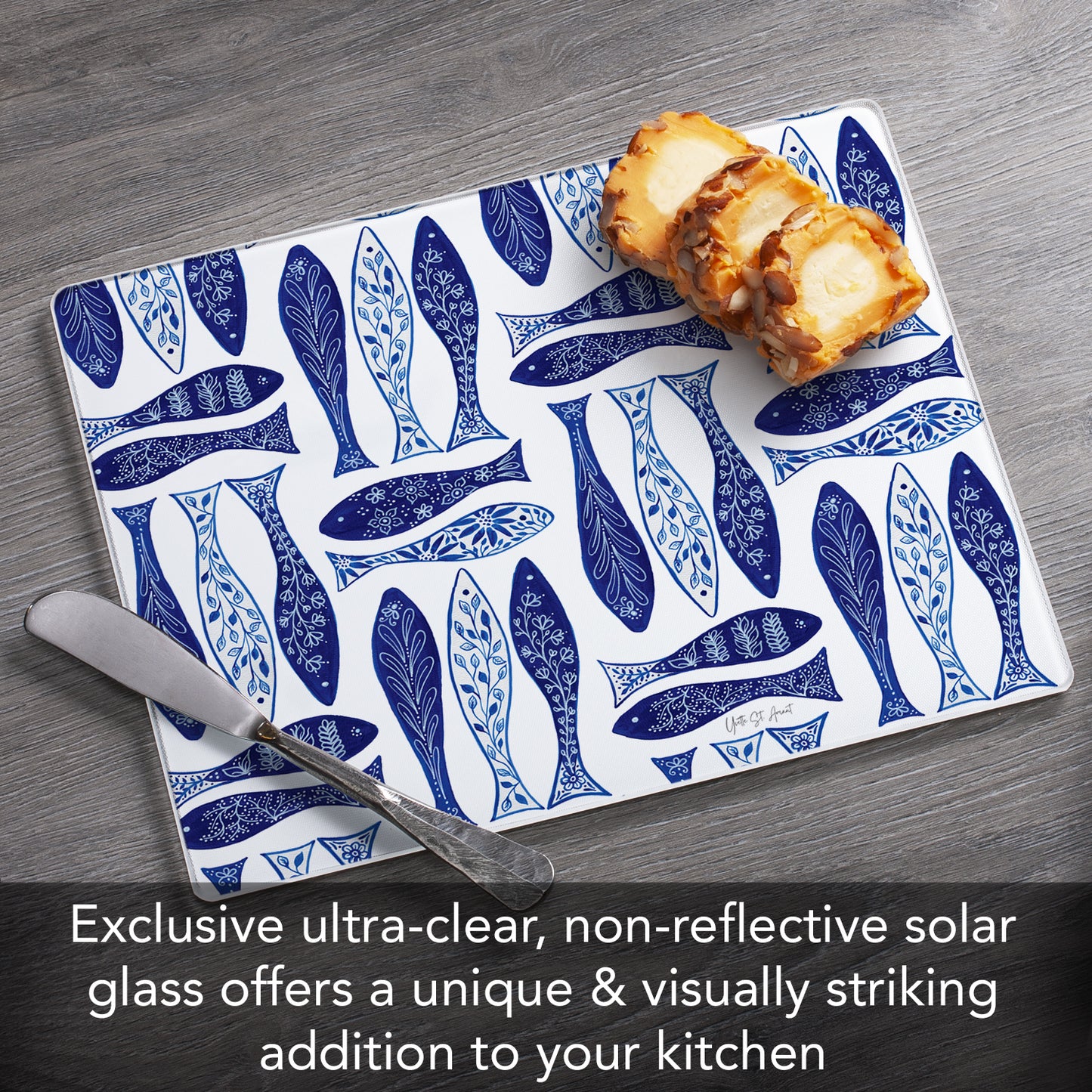 CounterArt Blue Fish 3mm Tempered Glass Cutting Board 10” x 8” Manufactured in the USA