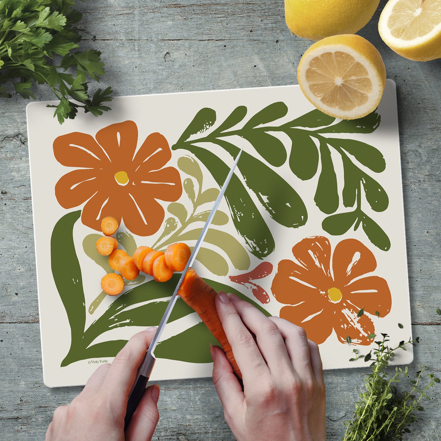 CounterArt Retro Floral 3mm Tempered Glass Cutting Board 10” x 8” Manufactured in the USA