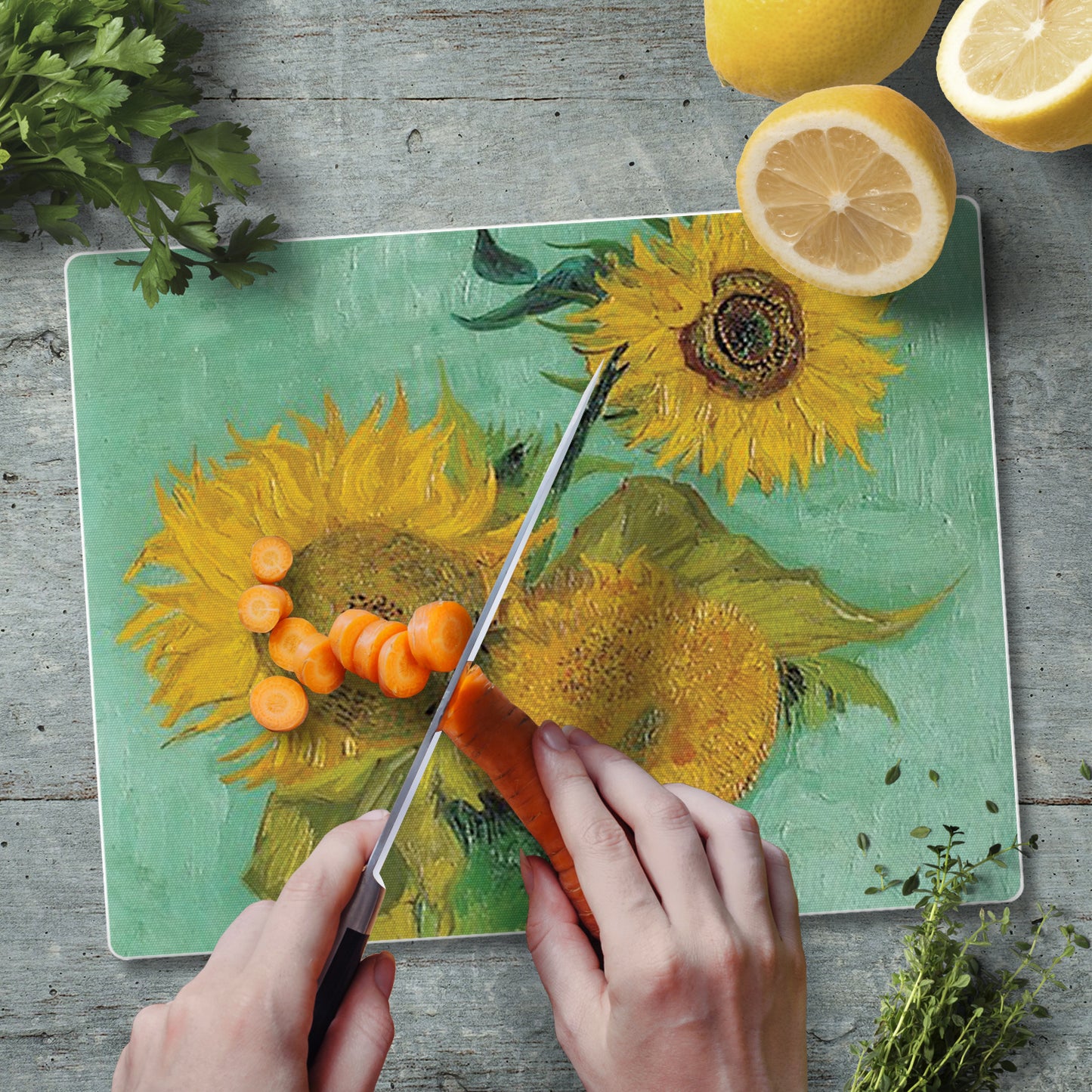 CounterArt Van Gogh Sunflowers 3mm Tempered Glass Cutting Board 10” x 8” Manufactured in the USA