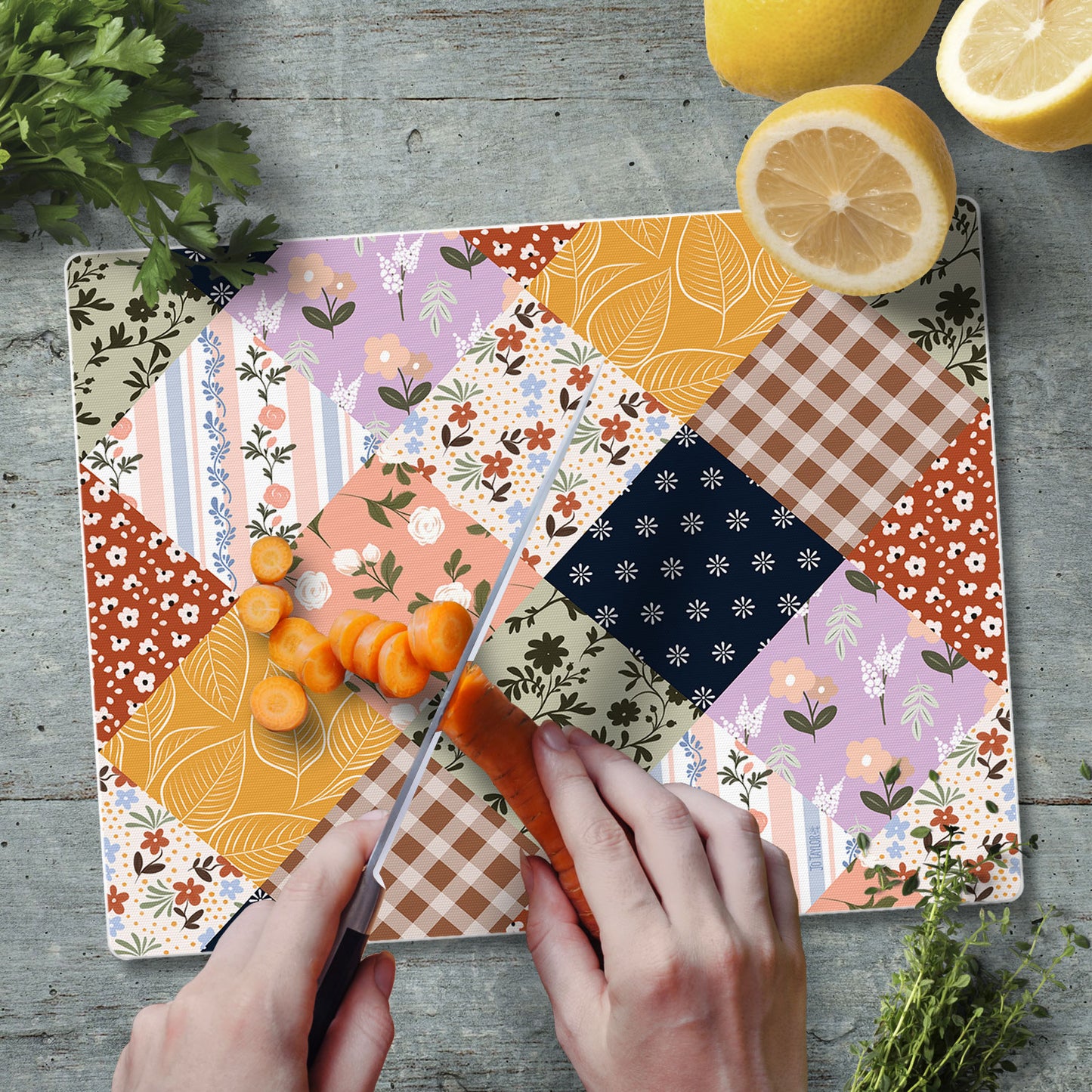 Vintage Patchwork 3mm Tempered Glass Cutting Board 10” x 8”