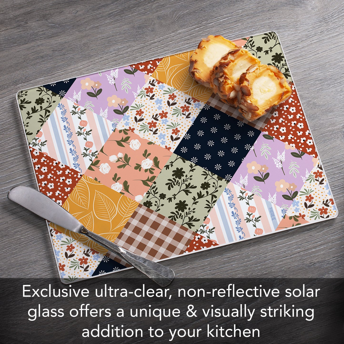 Vintage Patchwork 3mm Tempered Glass Cutting Board 10” x 8”