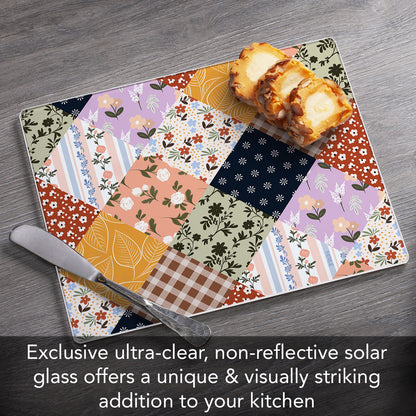 Vintage Patchwork 3mm Tempered Glass Cutting Board 10” x 8”