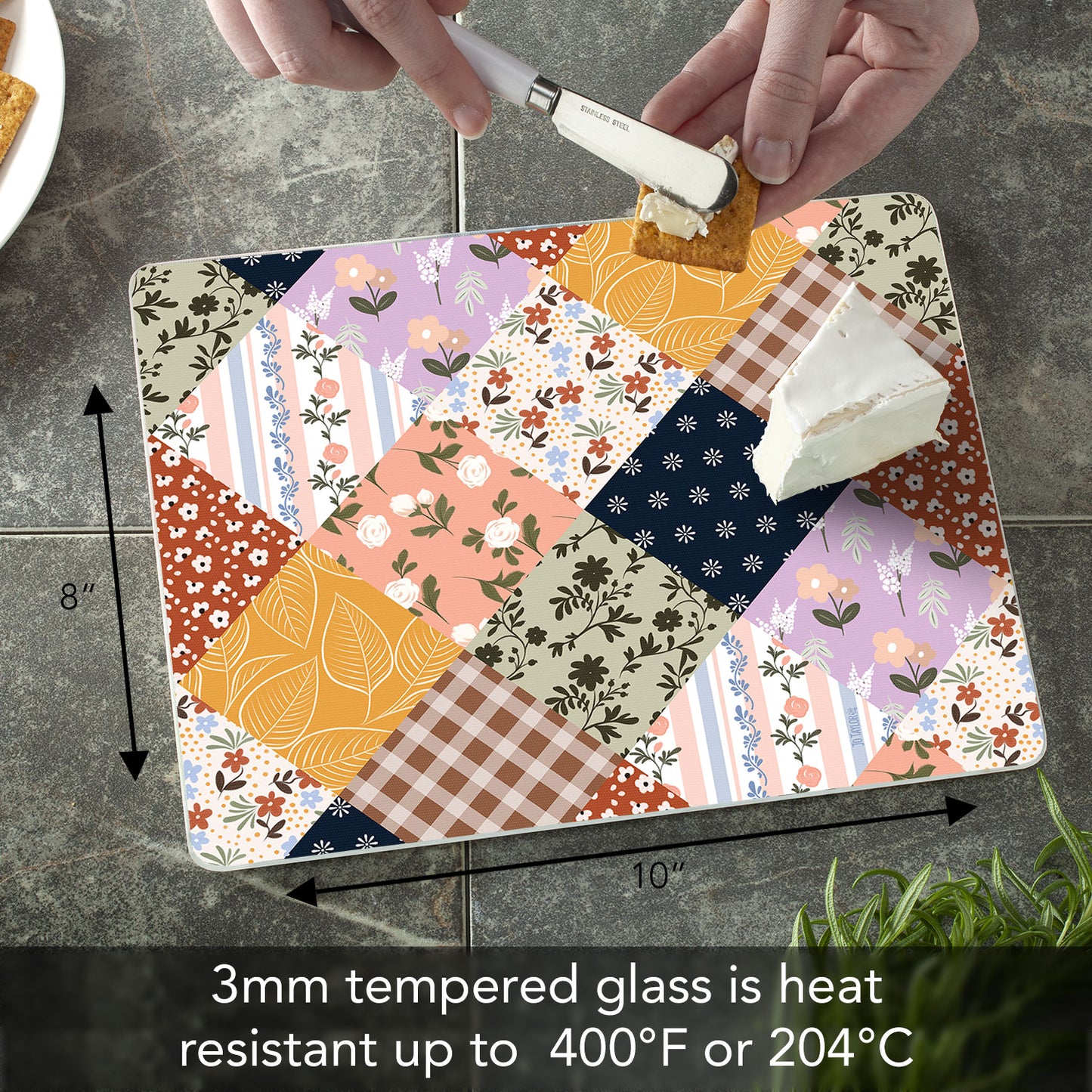 Vintage Patchwork 3mm Tempered Glass Cutting Board 10” x 8”