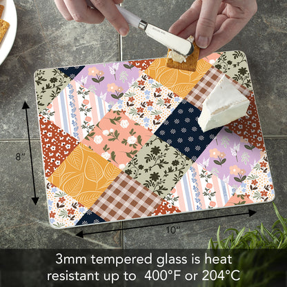 Vintage Patchwork 3mm Tempered Glass Cutting Board 10” x 8”