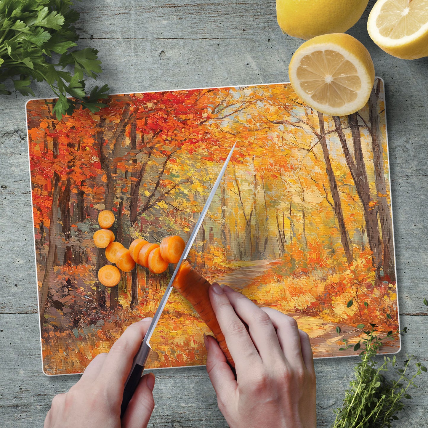 Autumn Woodland 3mm Tempered Glass Cutting Board 10” x 8”
