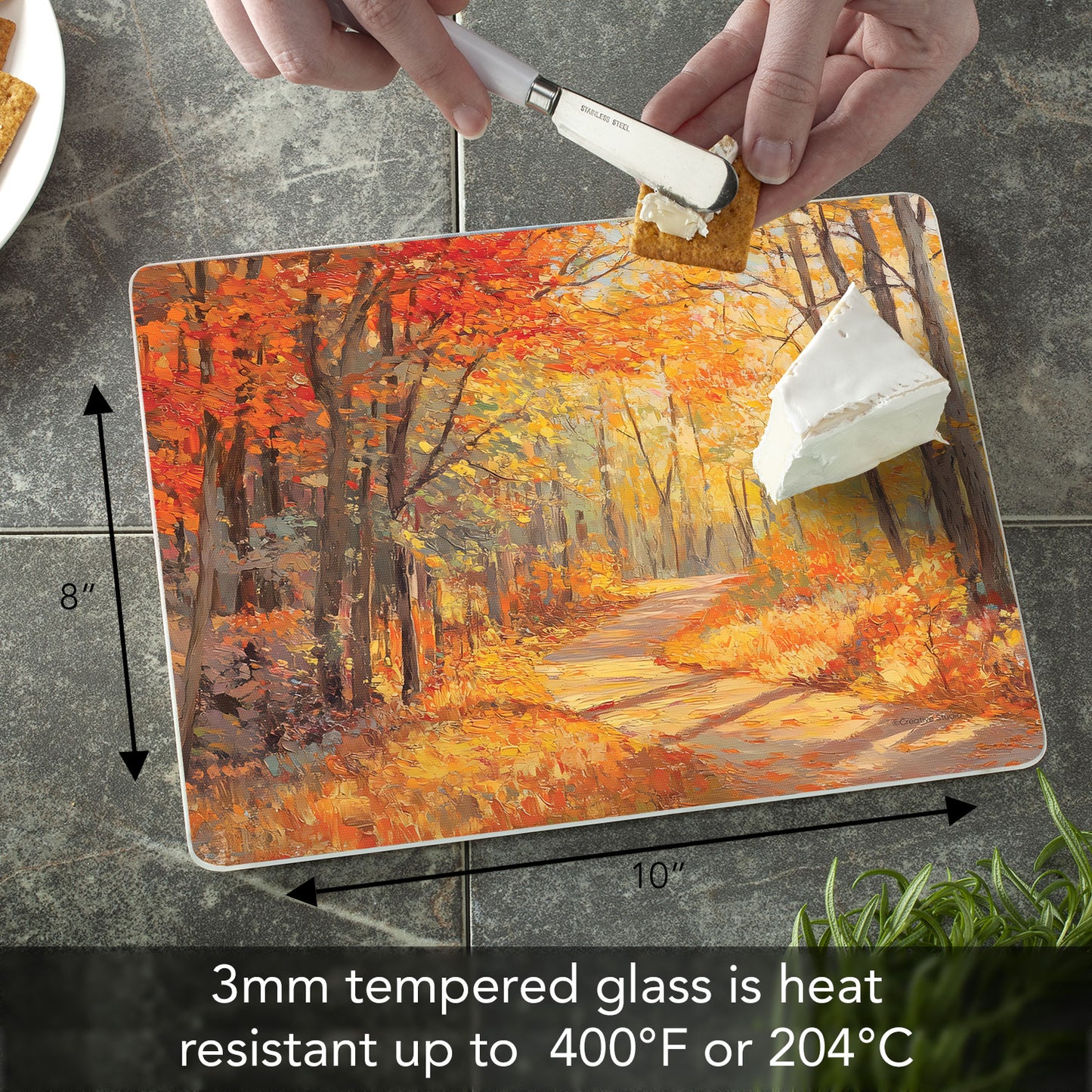 Autumn Woodland 3mm Tempered Glass Cutting Board 10” x 8”