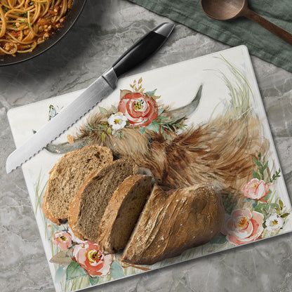 Highland Cow Bloom 3mm Tempered Glass Cutting Board 10” x 8”