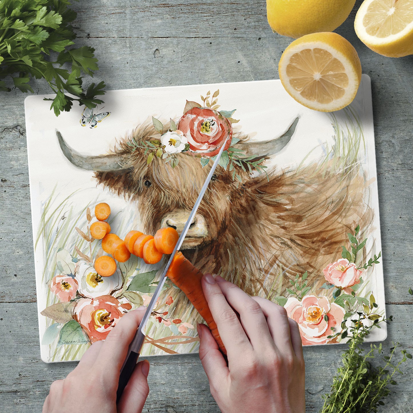 Highland Cow Bloom 3mm Tempered Glass Cutting Board 10” x 8”