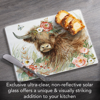 Highland Cow Bloom 3mm Tempered Glass Cutting Board 10” x 8”