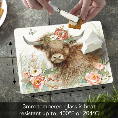 Highland Cow Bloom 3mm Tempered Glass Cutting Board 10” x 8”