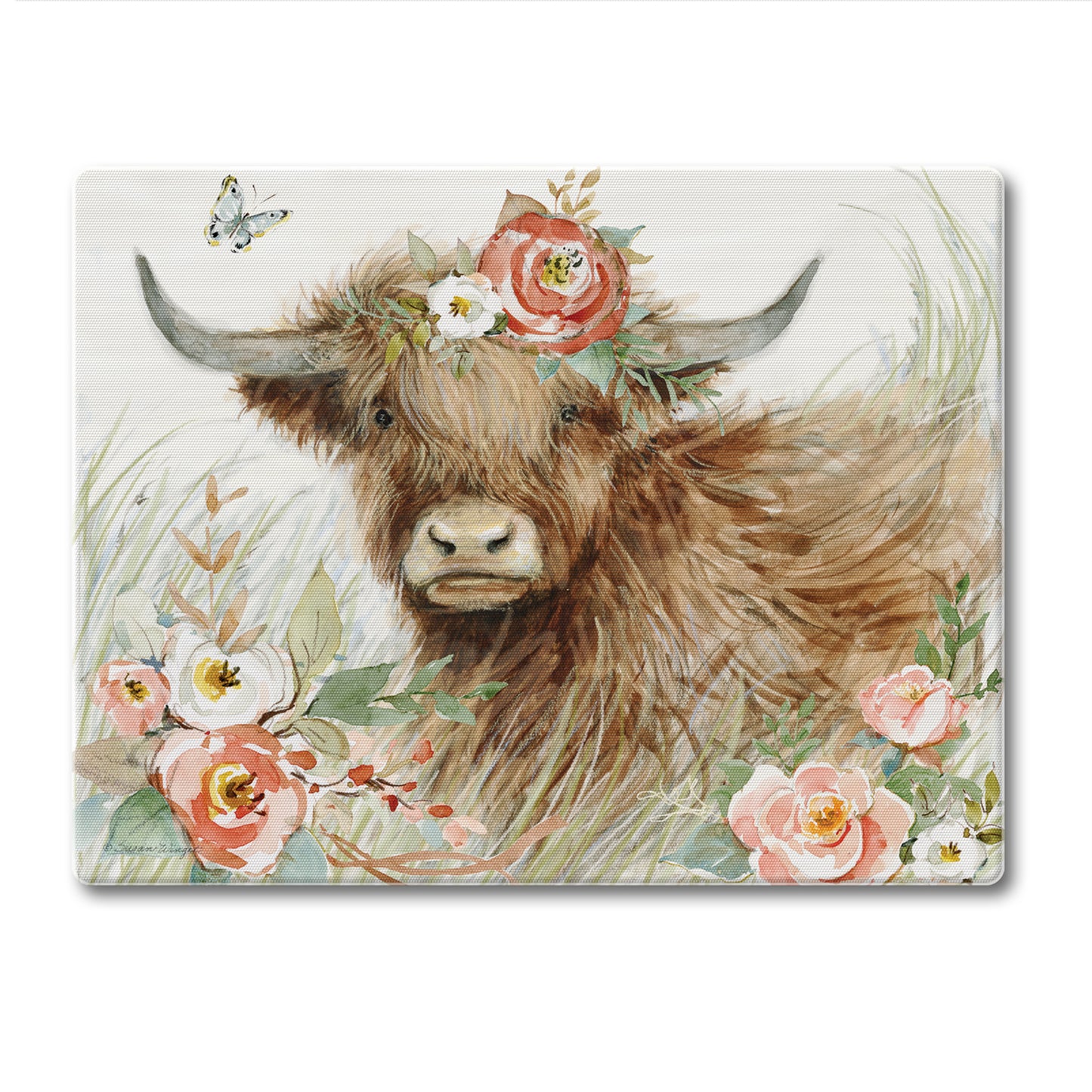 Highland Cow Bloom 3mm Tempered Glass Cutting Board 10” x 8”
