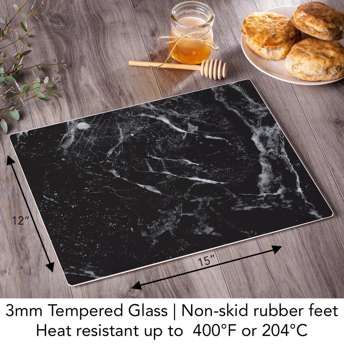 CounterArt Black Marble Design 3mm Tempered Glass Cutting Board 15” x 12” Manufactured in the USA