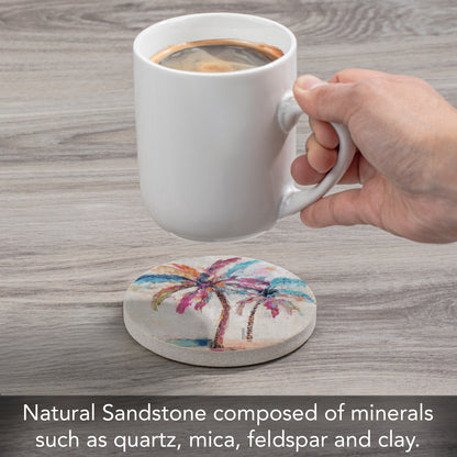 Thirstystone Painted Palms Single Round Natural Sandstone Coaster with Protective Cork Backing Manufactured in The USA 4" Diameter