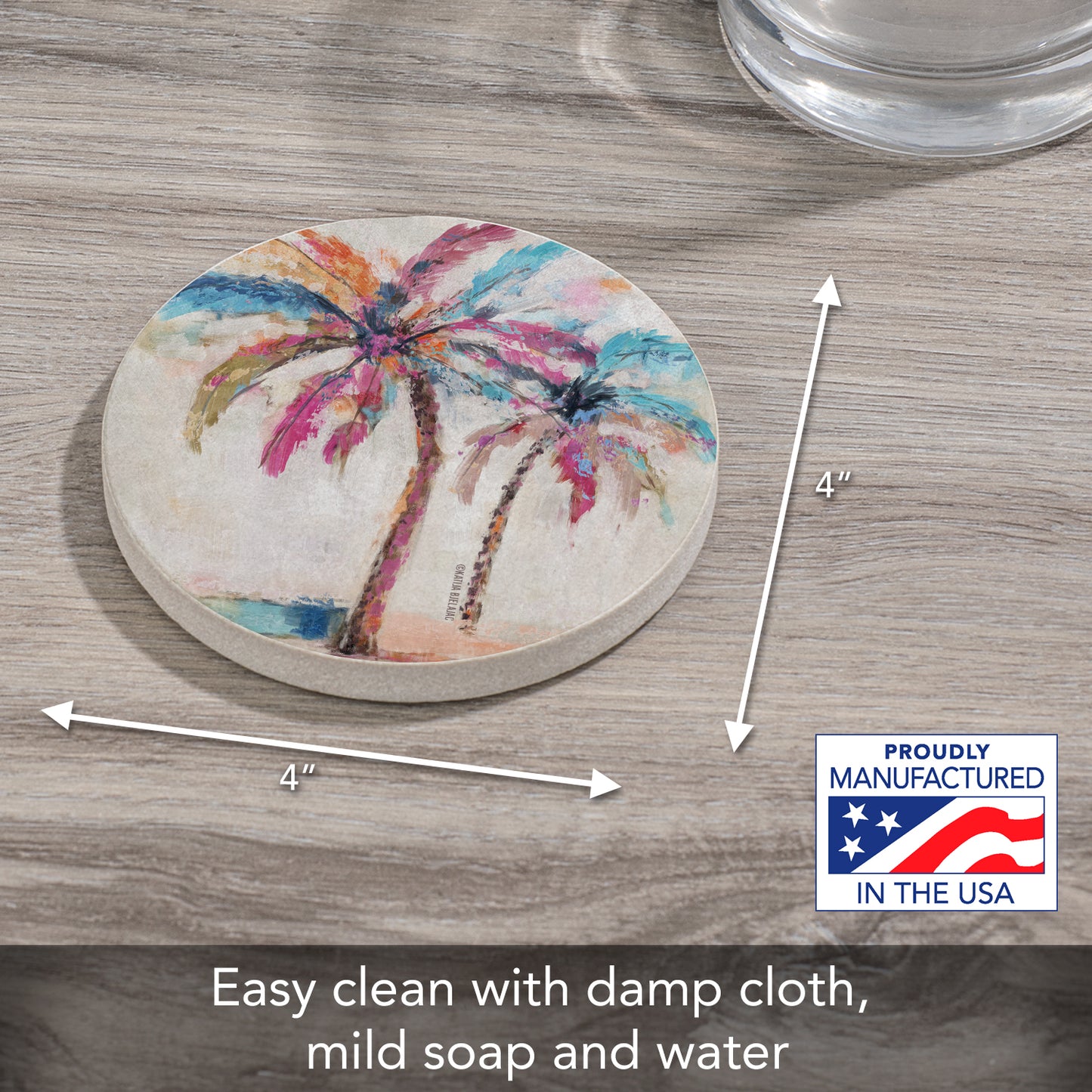 Thirstystone Painted Palms Single Round Natural Sandstone Coaster with Protective Cork Backing Manufactured in The USA 4" Diameter