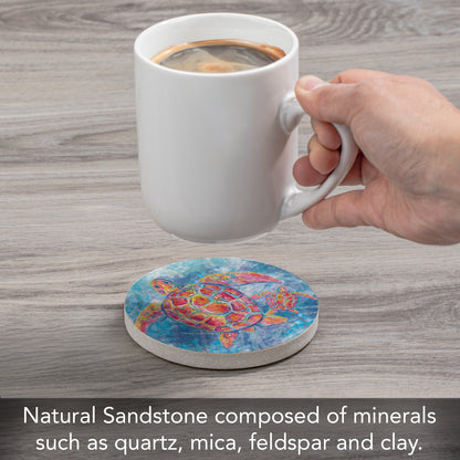 CounterArt Sea Turtle Swim Single Round Natural Sandstone Coaster with Protective Cork Backing Manufactured in The USA 4" Diameter