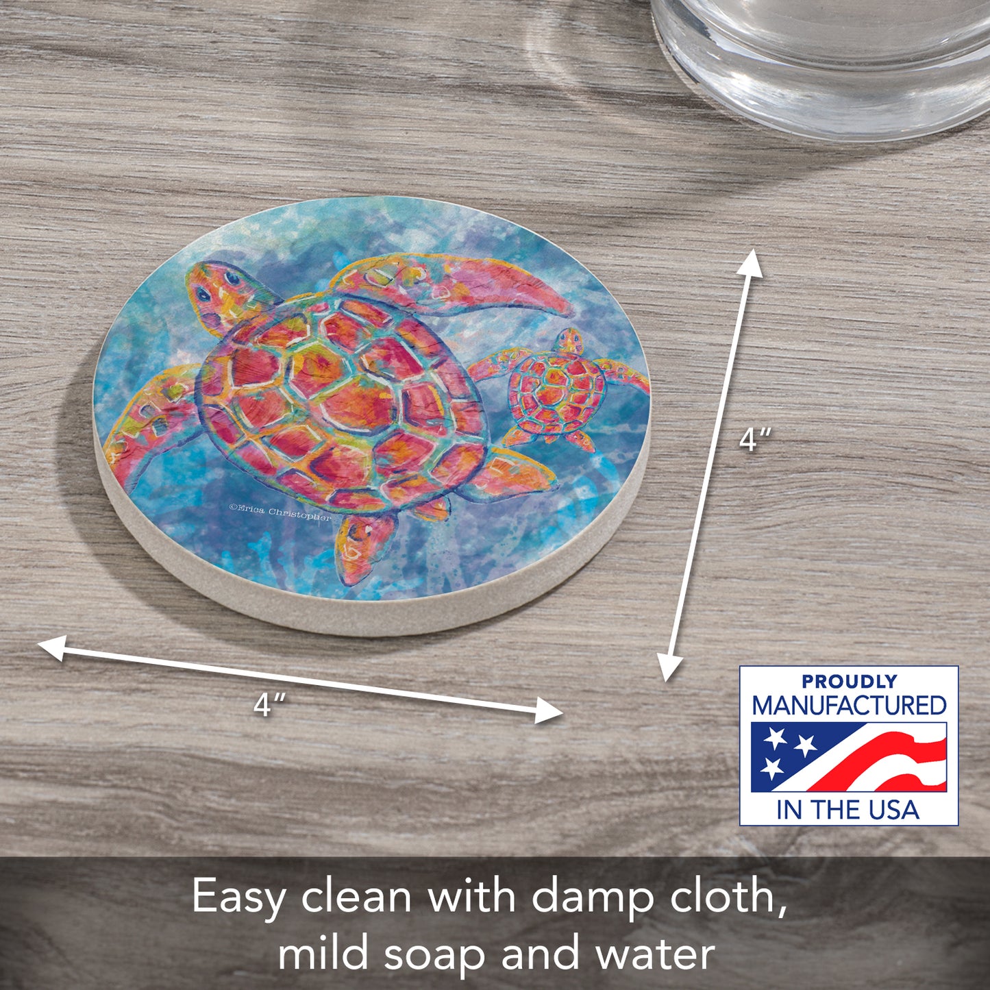 CounterArt Sea Turtle Swim Single Round Natural Sandstone Coaster with Protective Cork Backing Manufactured in The USA 4" Diameter