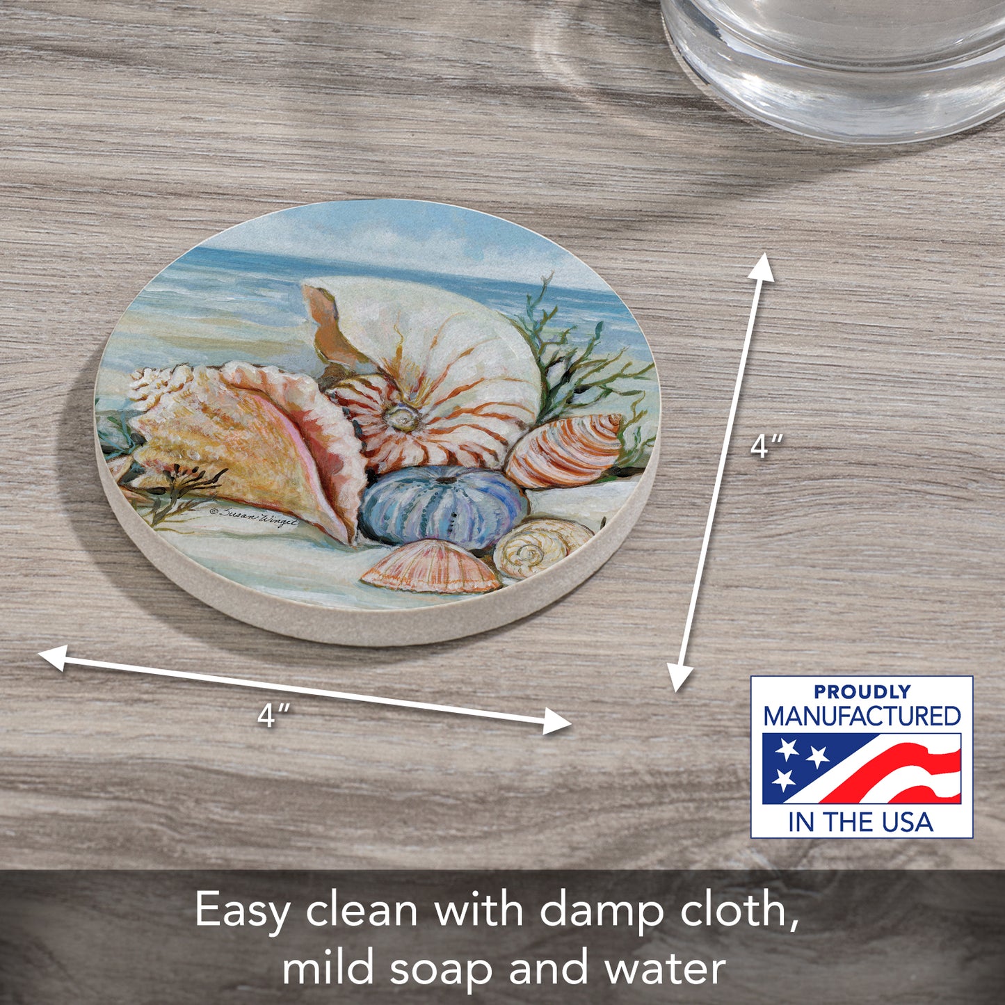 CounterArt Coastal Shore Single Round Natural Sandstone Coaster with Protective Cork Backing Manufactured in The USA 4" Diameter