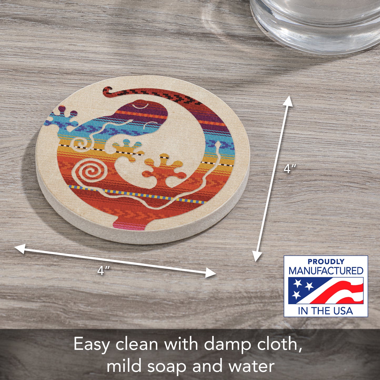CounterArt Southwest Gecko Single Round Natural Sandstone Coaster with Protective Cork Backing Manufactured in The USA 4" Diameter