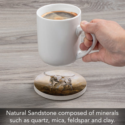 Thirstystone Longhorn Single Round Natural Sandstone Coaster with Protective Cork Backing Manufactured in The USA 4" Diameter