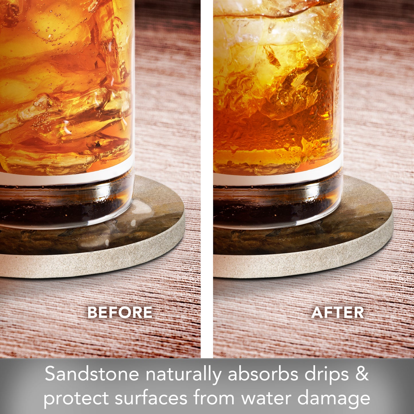 Thirstystone Longhorn Single Round Natural Sandstone Coaster with Protective Cork Backing Manufactured in The USA 4" Diameter