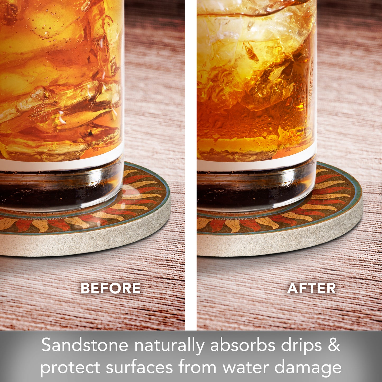 Thirstystone Sunfire Single Round Natural Sandstone Coaster with Protective Cork Backing Manufactured in The USA 4" Diameter