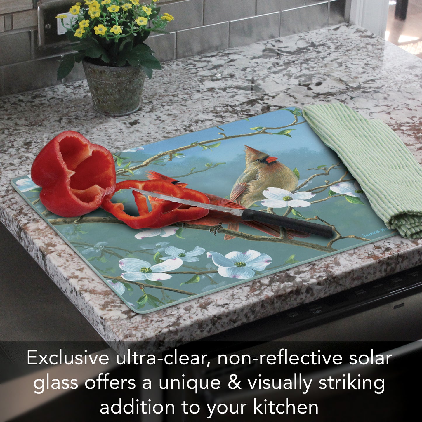CounterArt Beautiful Songbirds Cardinal 3mm Tempered Glass Cutting Board 15” x 12” Manufactured in the USA
