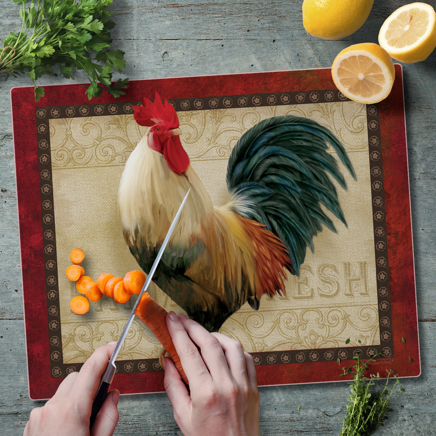 CounterArt Farm Fresh Rooster 3mm Tempered Glass Cutting Board 15” x 12” Manufactured in the USA
