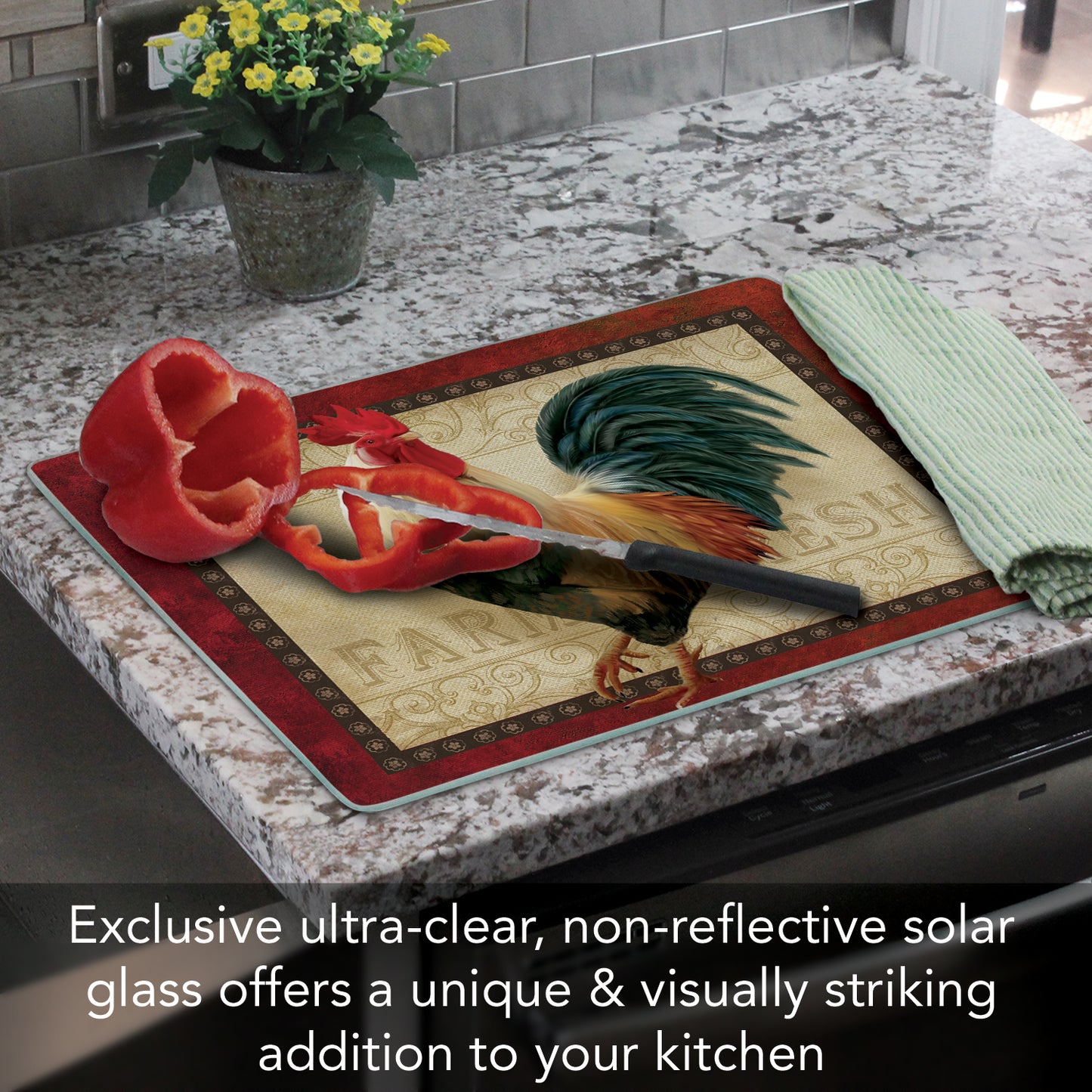CounterArt Farm Fresh Rooster 3mm Tempered Glass Cutting Board 15” x 12” Manufactured in the USA