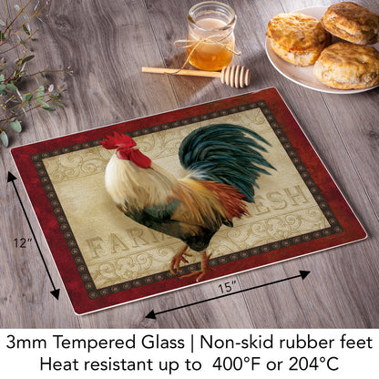 CounterArt Farm Fresh Rooster 3mm Tempered Glass Cutting Board 15” x 12” Manufactured in the USA