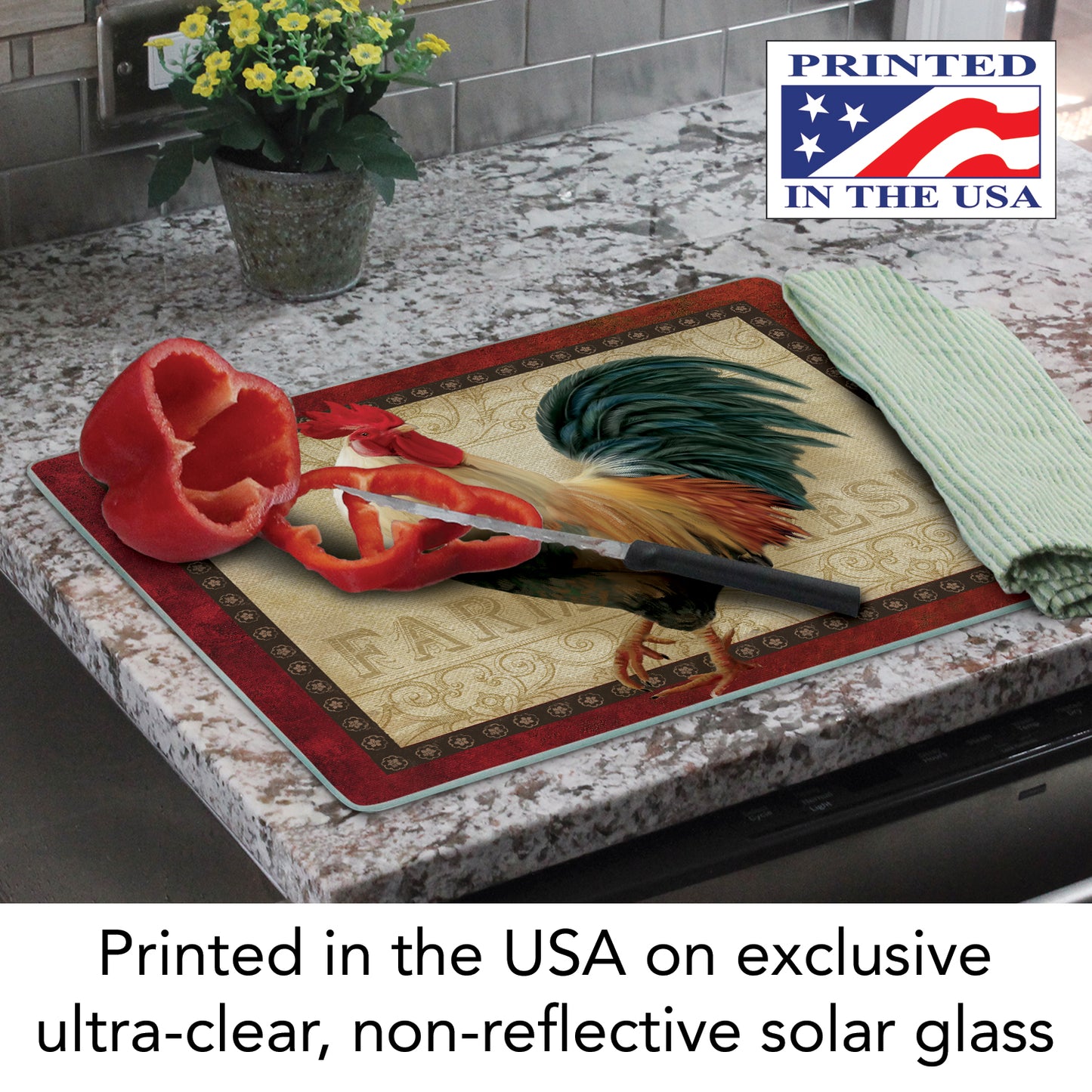CounterArt Farm Fresh Rooster 3mm Tempered Glass Cutting Board 15” x 12” Manufactured in the USA