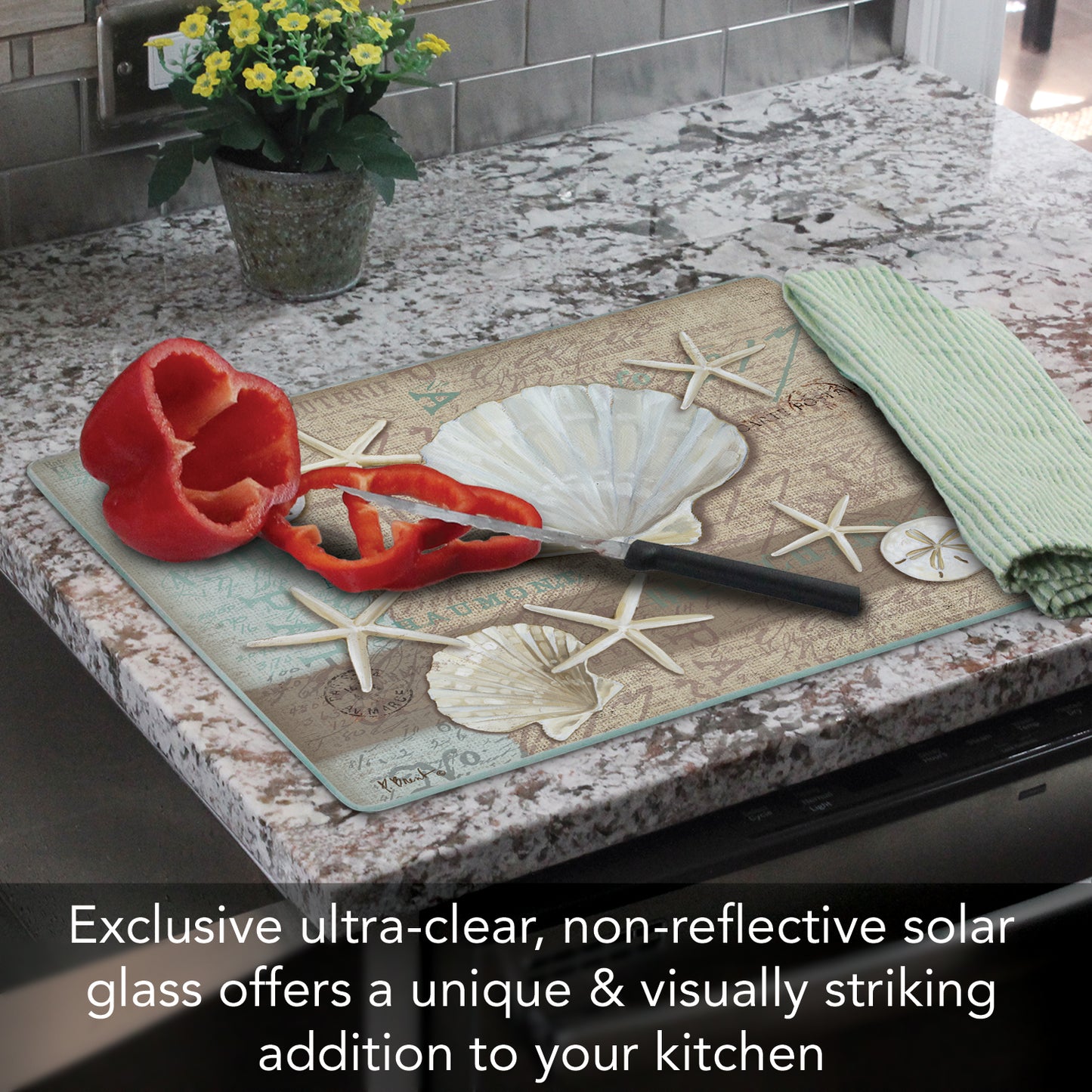 CounterArt Linen Shells 3mm Tempered Glass Cutting Board 15” x 12” Manufactured in the USA